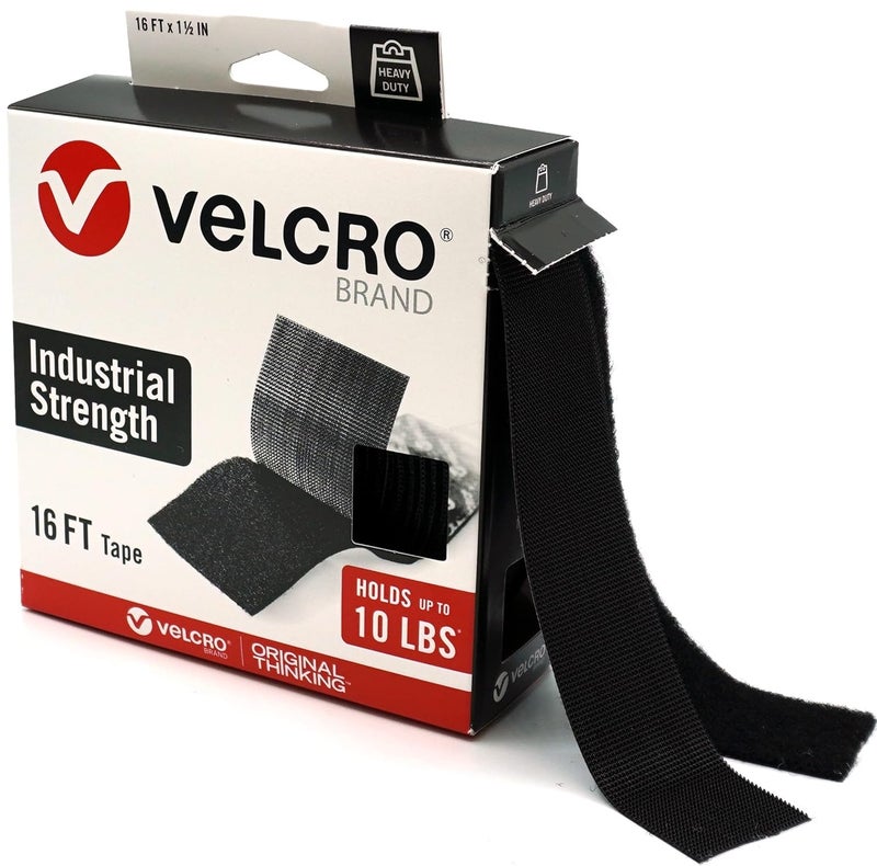 Velcro شريط لاصق ثقيل من العلامة التجارية | لفة بطول 16 قدم | لاصق قوي يحمل حتى 10 أرطال | مثبتات قوية للاستخدام الداخلي أو الخارجي | عرض 1-1/2 بوصة، أسود (VEL-30838-USA) - Image 1